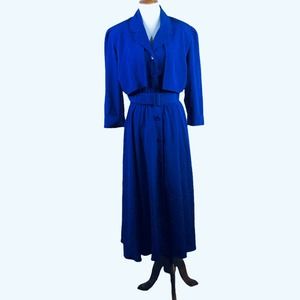 Vintage Liz Roberts Coat Dress Royal Blue Belted Button Front